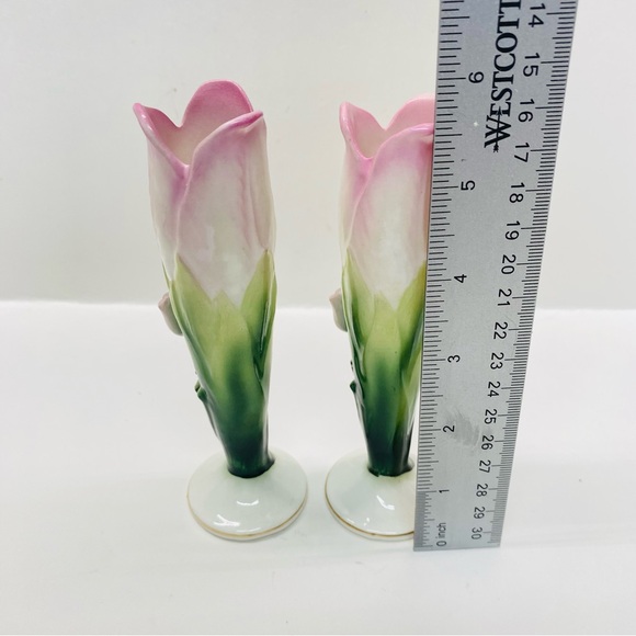 Vintage 2 Lefton Hand Painted Pink & Green Bud Vases Japan Tiny Crazing on Base - Picture 9 of 10